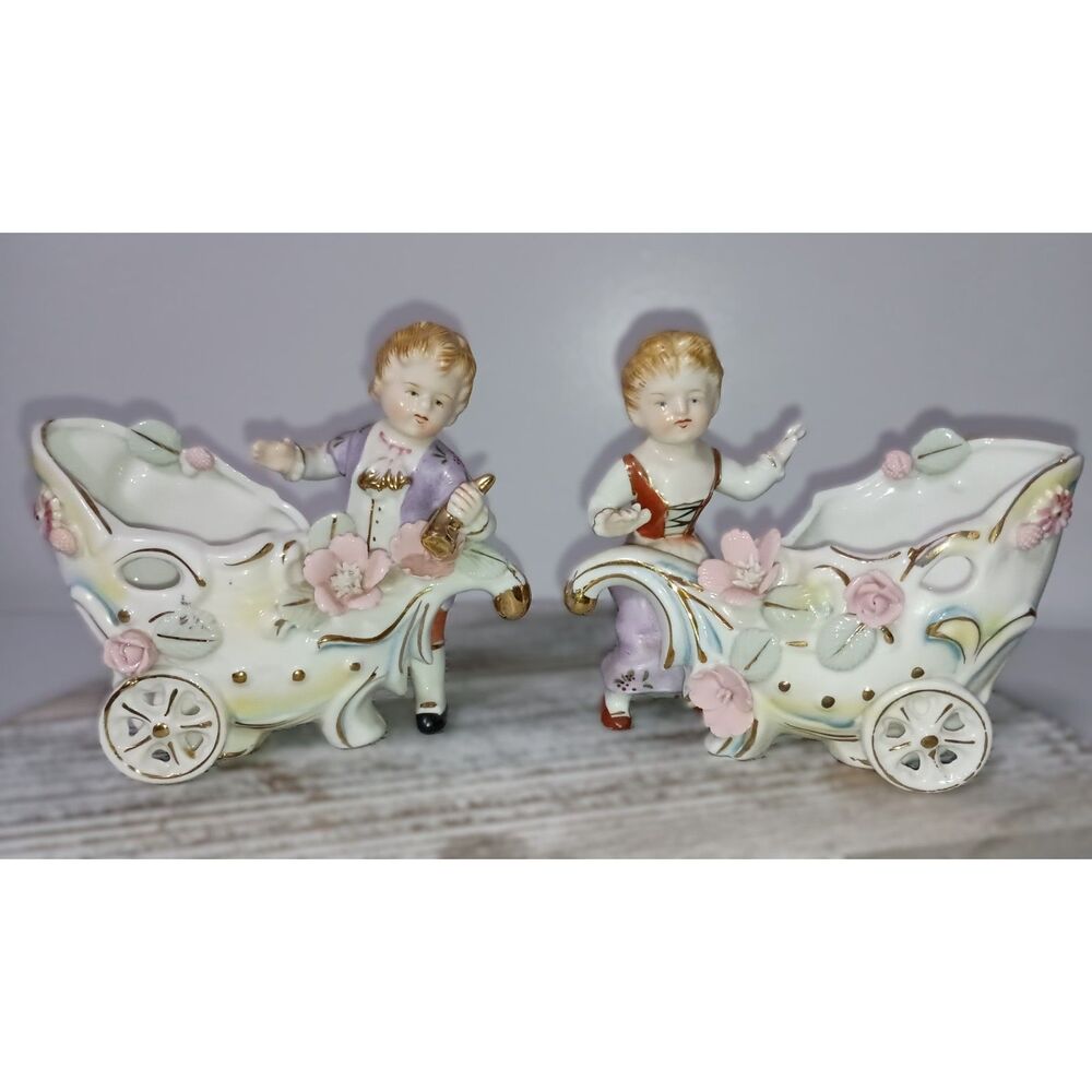 Vintage/Rare Ucagco Japanese Miniature Boy & Girl Flower Carts - Planter/Vase